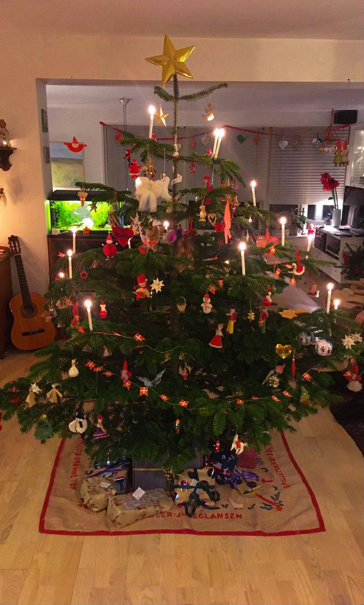A Christmas tree decorated with Danish flags and candles stands tall